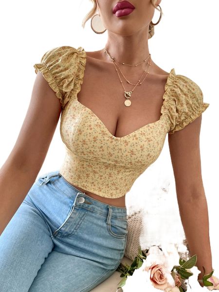 

ditsy floral sweetheart neck frill crop tee f4k4#, White