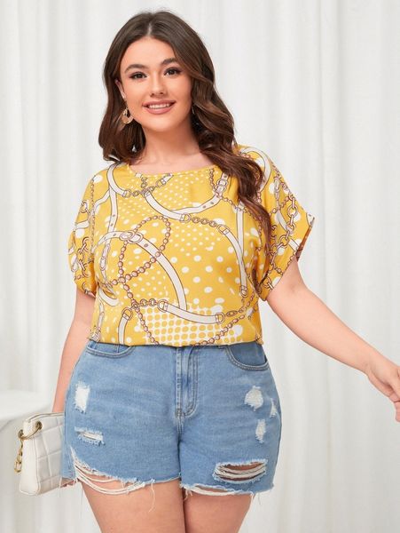 

plus polka dot & chain print blouse b369#, Black