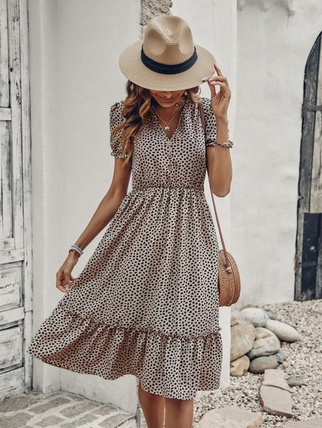 

dalmatian print fake button puff sleeve ruffle hem dress r7ms#, Black;gray