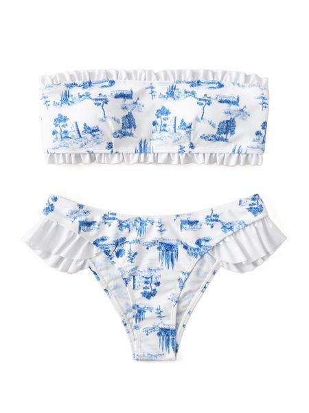 

random print frill trim bandeau bikini swimsuit e81m#, White;black