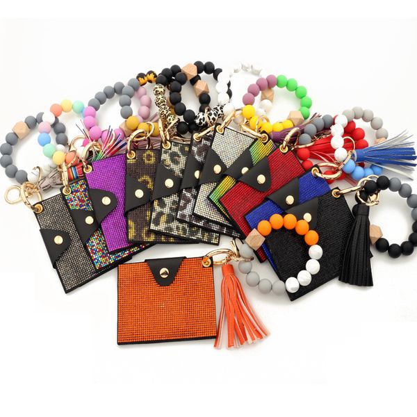 

wristlet keychain jewelry silicone beaded bracelet leather tassel wallet bangle car key ring crystal card holder, Red;brown