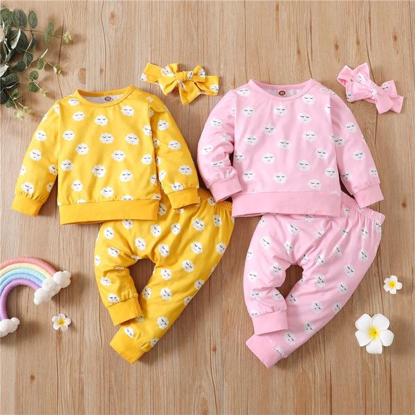 Set di abbigliamento 0-24m Neonate 3 pezzi Set di vestiti Nuvola stampata Modello Pullover Pantaloni Copricapo Infnat Ragazza Rosa Giallo Primavera Autunno OutfitClo