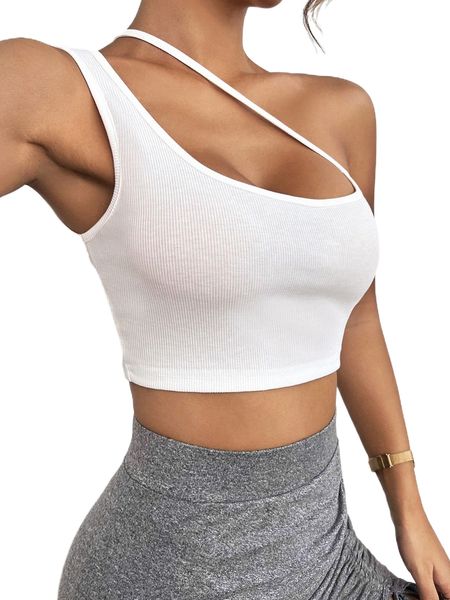 

one shoulder rib-knit crop p071#, White