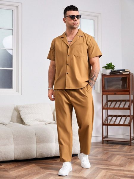

extended sizes men lapel collar pocket patched shirt with pants w6ao#, Gray