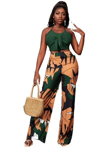 

sxy tie backless halter & allover print pants y7sw#, White