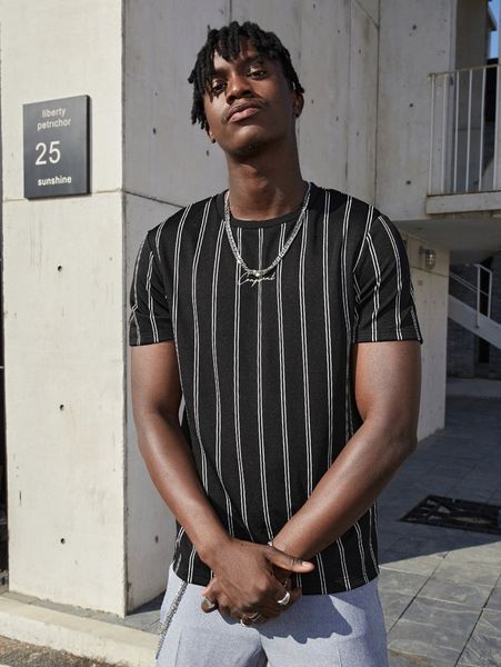 

men striped print round neck tee 59a8#, White;black