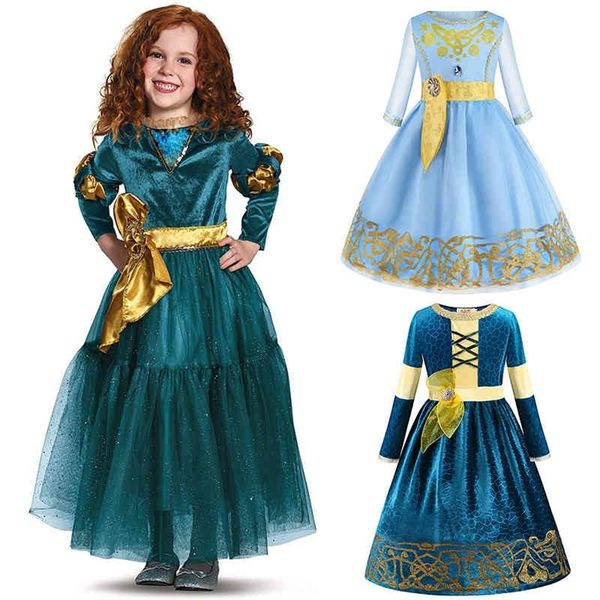 Fancy Brave Merida Princess Dress Cosplay Costume caldo per bambini Ragazze Halloween Dress up Costume Merida Wig Party Supplies 210329