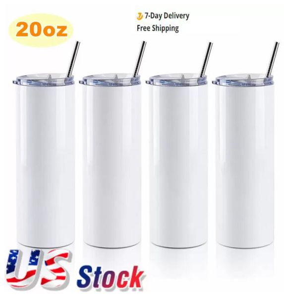 

us warehouse 20oz white sublimation straight tumbler blanks double 304 mug with straw stainless steel vacuum cup water bottle heat press mac