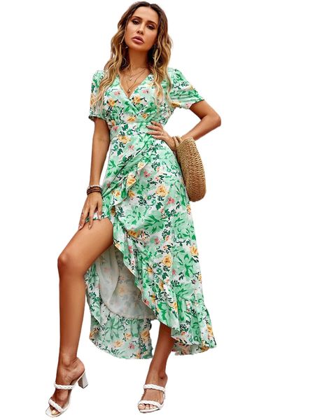 

allover floral print ruffle trim wrap dress p5sz#, Black;gray