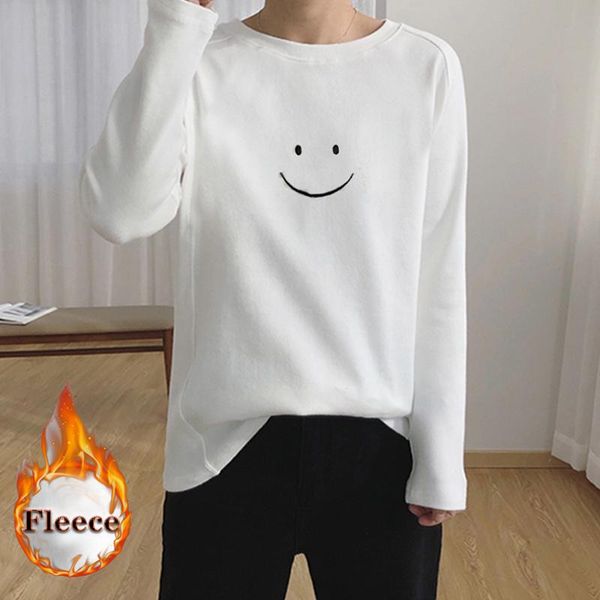 T-shirt feminina Autumn Winter Fleece Women T-shirts Fashion Slim O-Gobes grossa Bordado quente Bordado camiseta longa Camiseta de fundo branca preta branca