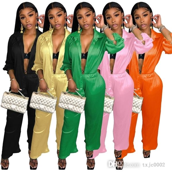 

autumn women two piece pants set outfit solid color long sleeve shirt cardigan pleated wide leg trousers suit fashion streetwear, White
