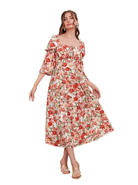 

allover floral print flounce sleeve dress 36ek#, Black;gray