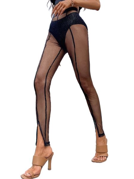 

split hem titching sheer mesh skinny pants without panty l9jg#, Black;white