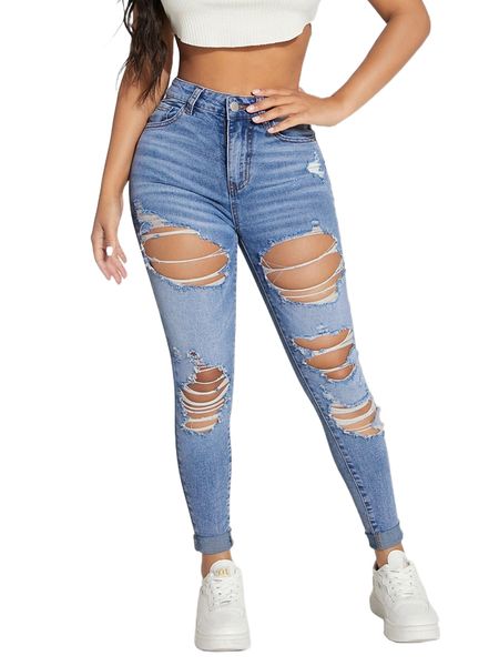

petite high waist ripped roll up hem skinny jeans q6gi#, Blue