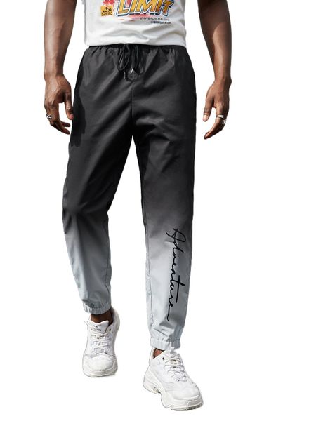 

men drawstring waist letter pattern ombre pants 894c#, Black