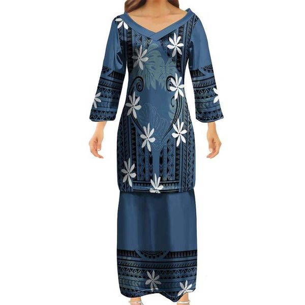 Оптовая цена Лето с v-образным вырезом Puletasi с рукавами 2/3 полинезийские модные платья Puletasi Tatau Pattern Maxi Dress Платье для пар 220706