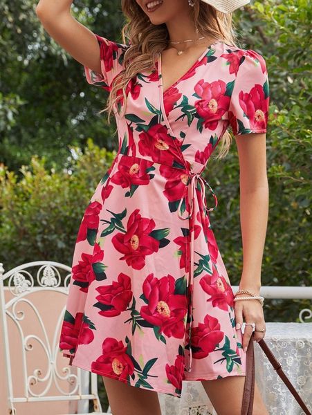

floral print surplice neck knot side dress m25o#, Black;gray