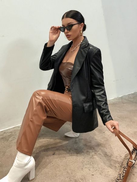 

slit back flap detail lapel neck pu leather blazer l0hu#, White