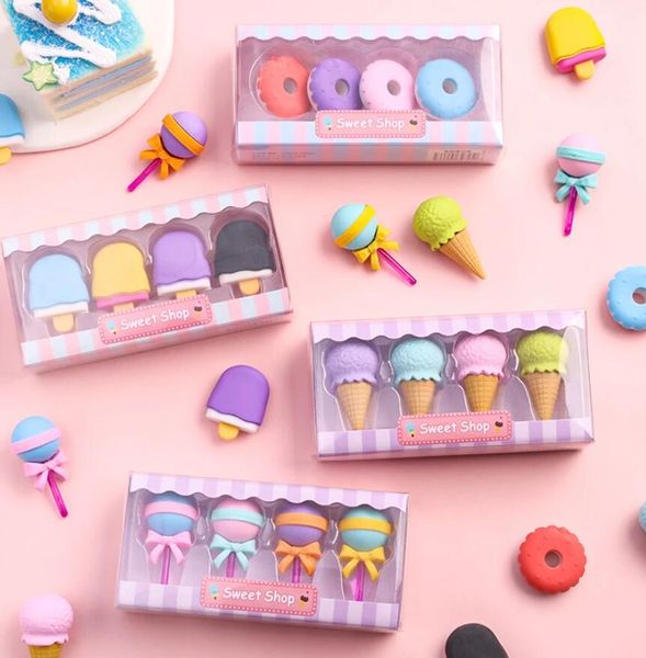 

dhl 4pcs yummy favor dessert erasers set mini lollipop icecream popsicle donuts rubber pencil eraser for kids school student award c0607g3