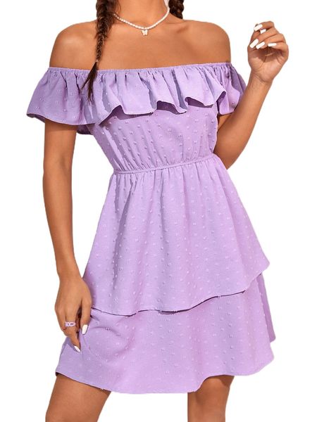 

off shoulder ruffle trim swiss dot dress f5n9#, Black;gray