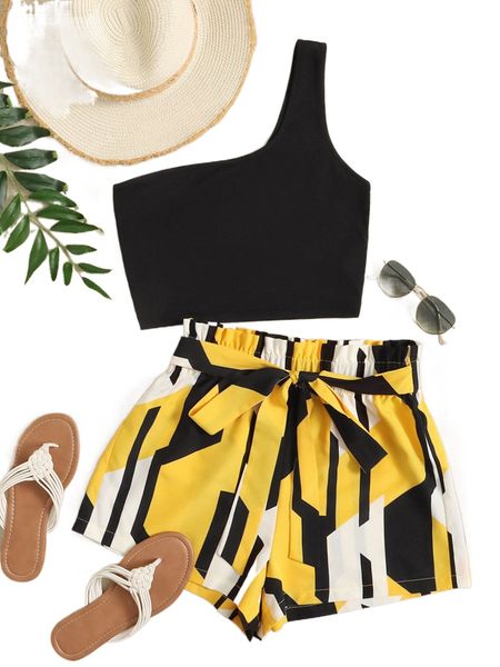 

plus one shoulder crop & paper bag waist shorts c2ap#, Black