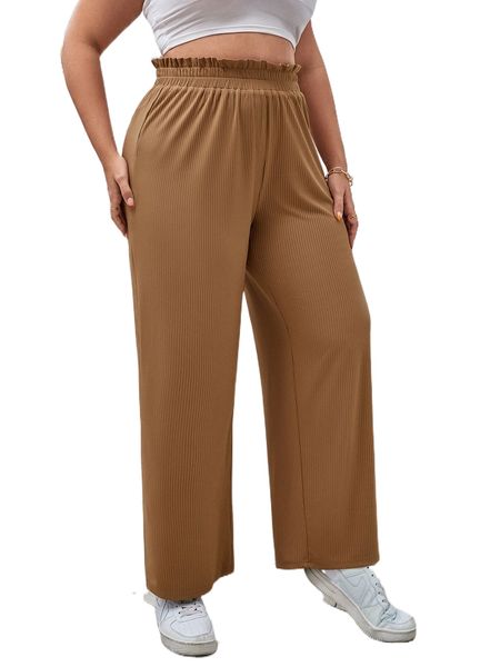 

plus paperbag waist wide leg pants 83od#, Black