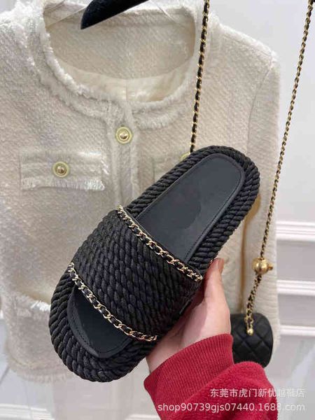 

slippers woven flip flops women's spring and summer flat bottom fashion wool woven fashionable temperament slippers, Black