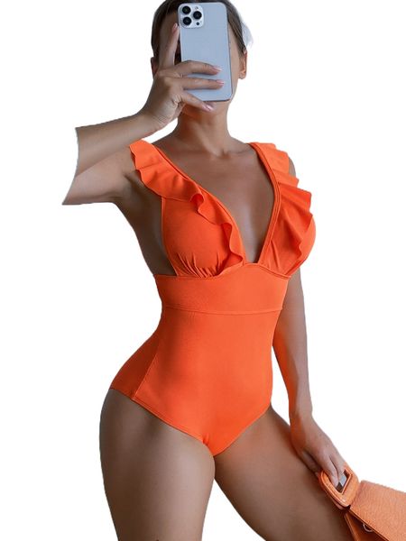 

rib ruffle trim one piece swimsuit i45a#, White;black