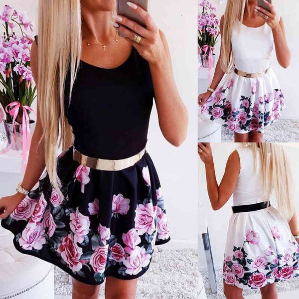 

casual dresses spring summer dress round neck waist rose print dress pajo, Black;gray