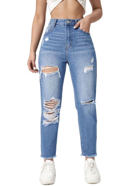 

raw hem high waist ripped jeans h9kb#, Blue