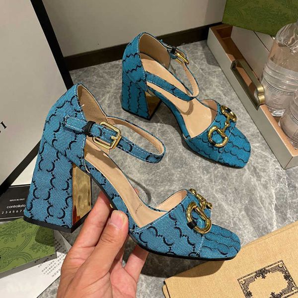 

2022 luxury high heeled sandals party fashion 100% leather women dance shoes designer heels suede lady metal belt buckle thick heel, Black