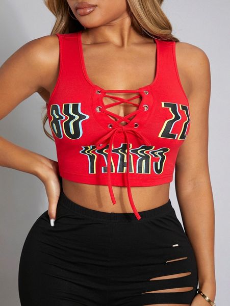 

sxy letter graphic criss cross lace up crop tank q7e8#, White