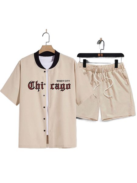 

men letter graphic baseball collar shirt & drawstring waist shorts without tee k4xj#, Gray