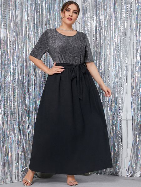 

plus cut and sew belted maxi dress p6ju#, Black