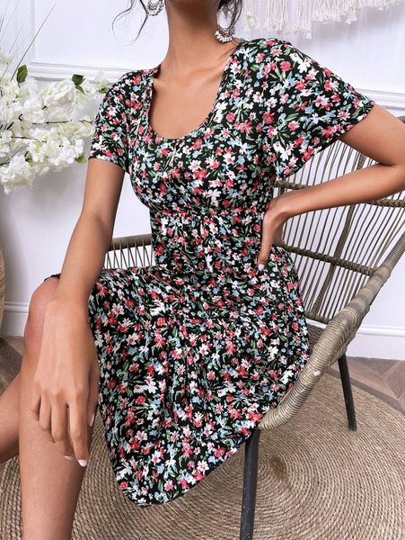 

allover floral print scoop neck butterfly sleeve dress e1gl#, Black;gray