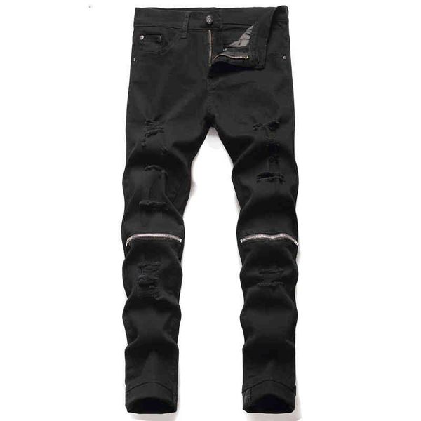 

men's jeans design wind broken hole elastic black men's jeans knee zipper slim fit pants 1866 zz9r, Blue