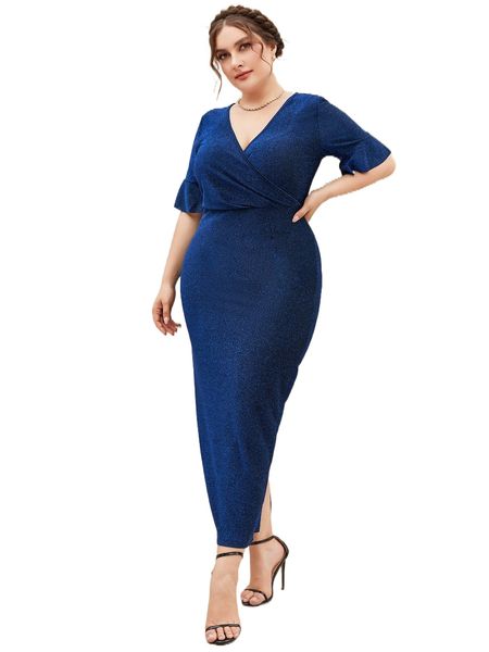 

plus glitter surplice front dress h0o6#, Black