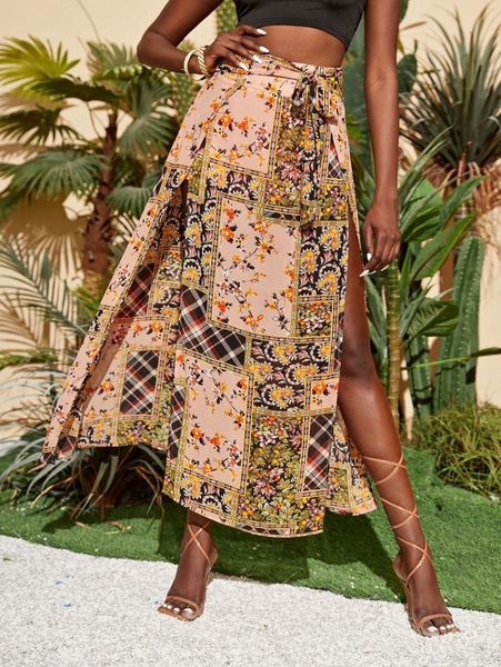 

high waist floral & patchwork print knot front split thigh skirt q1jm#, Black