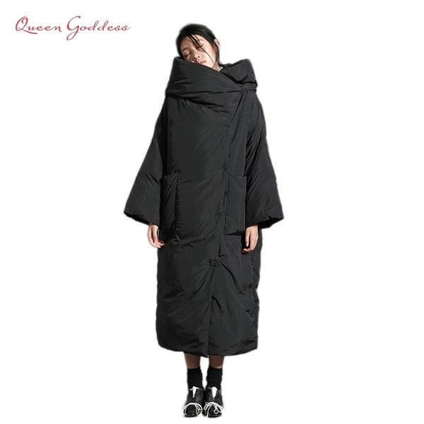 

original design 90% white duck down womens winter jacket with hooded loose and simple style warm plus size parkas large overcoat 201125, Black