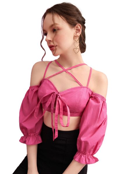 

x jupiter spells crisscross cold shoulder flounce sleeve knot front crop a3dq#, White