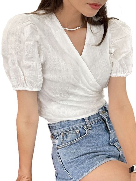 

dazy puff sleeve wrap knot back crop blouse 38wu#, White