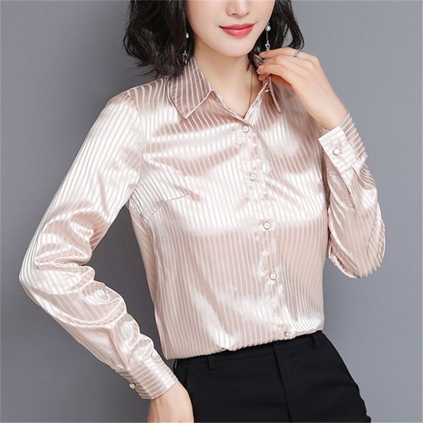 

fashion autumn women silk shirts woman striped satin shirt plus size silk blouses womens and blouses blusas mujer de moda t200322, White