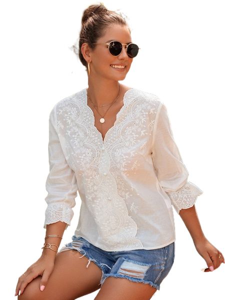 

solid flounce sleeve contrast lace scallop trim blouse p7j1#, White