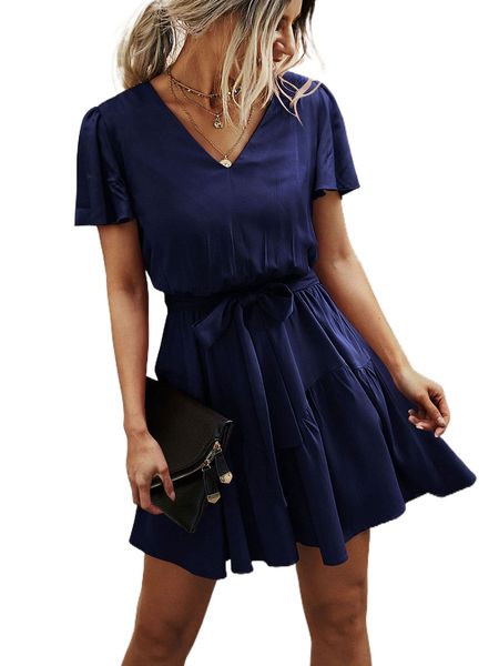 

butterfly sleeve ruffle hem belted dress b4dd#, Black;gray