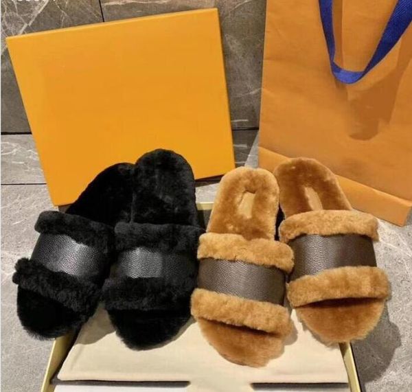 

2022 lady fashion sandals lock it flat mule mink fur slipper cognac brown patent canvas slides sandal winter booties women shoes, Black