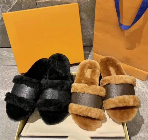 2022 Lady Fashion Sandálias Lock IT Flat Mule Mink Fur Slipper Cognac Brown Lona Patente Slides Sandália Botas de Inverno Sapatos Femininos