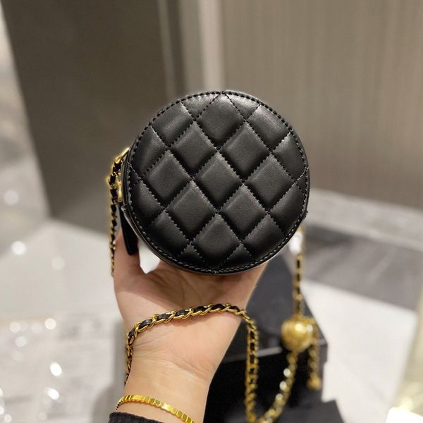 

womens classic quilted round circle vanity bags black grey pink white solid color with gold crush ball crossbody shoulder cosmetic case coin