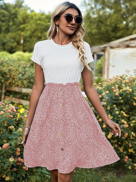 

2 in 1 button detail graphic print ruffle detail dress m8hl#, Black;gray