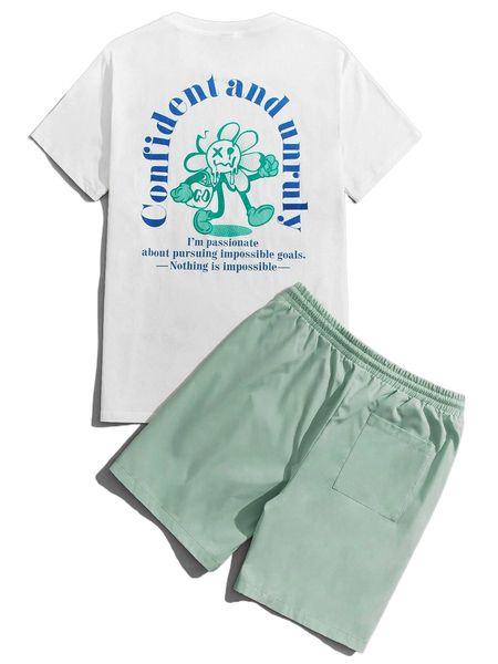 

men cartoon & slogan graphic tee & drawstring waist shorts q1sg#, Gray