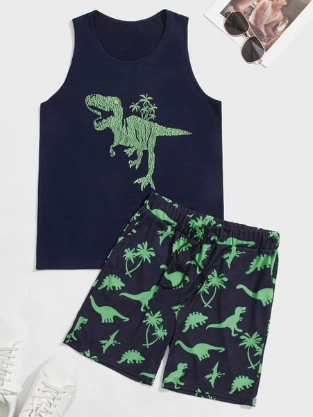 

men dinosaur print tank & drawstring waist shorts a6qd#, Gray
